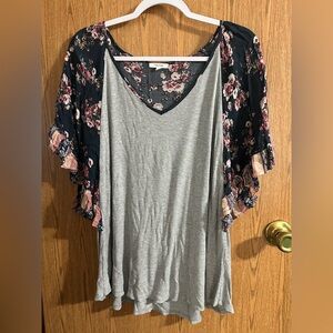 Maurices Gray Top with Floral Sleeves